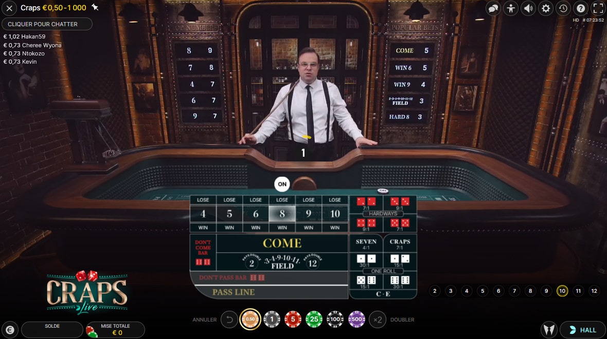 Craps Live est un jeu de dés en ligne avec croupiers n'en direct d'Evolution