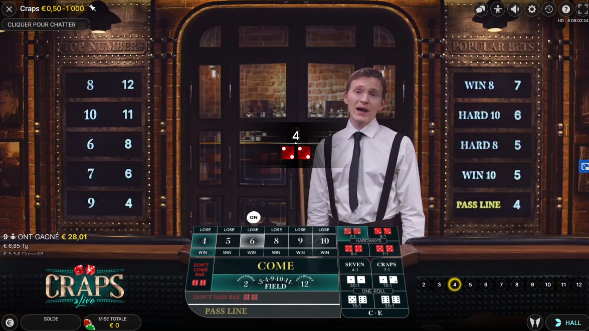 Annonce des résultats des dés en ligne sur Craps Live