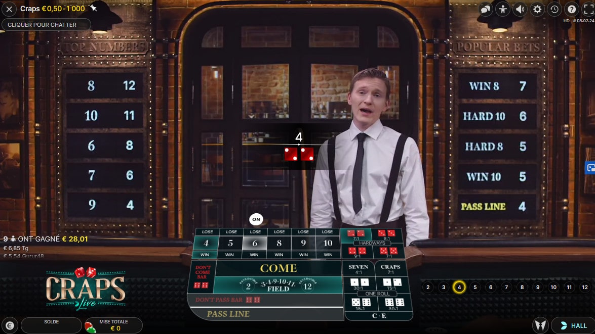 Annonce des résultats des dés en ligne sur Craps Live