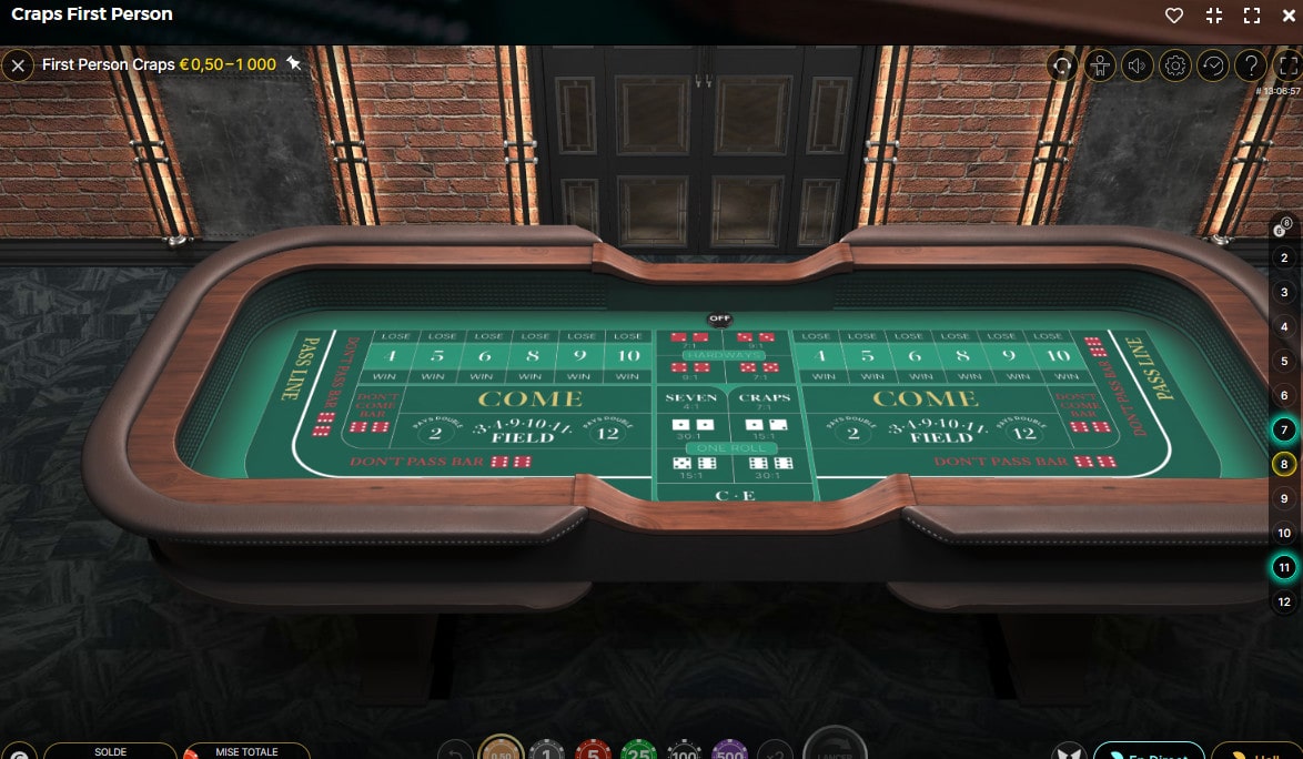 Table du jeu Craps First person d'Evolution avec studio 3D