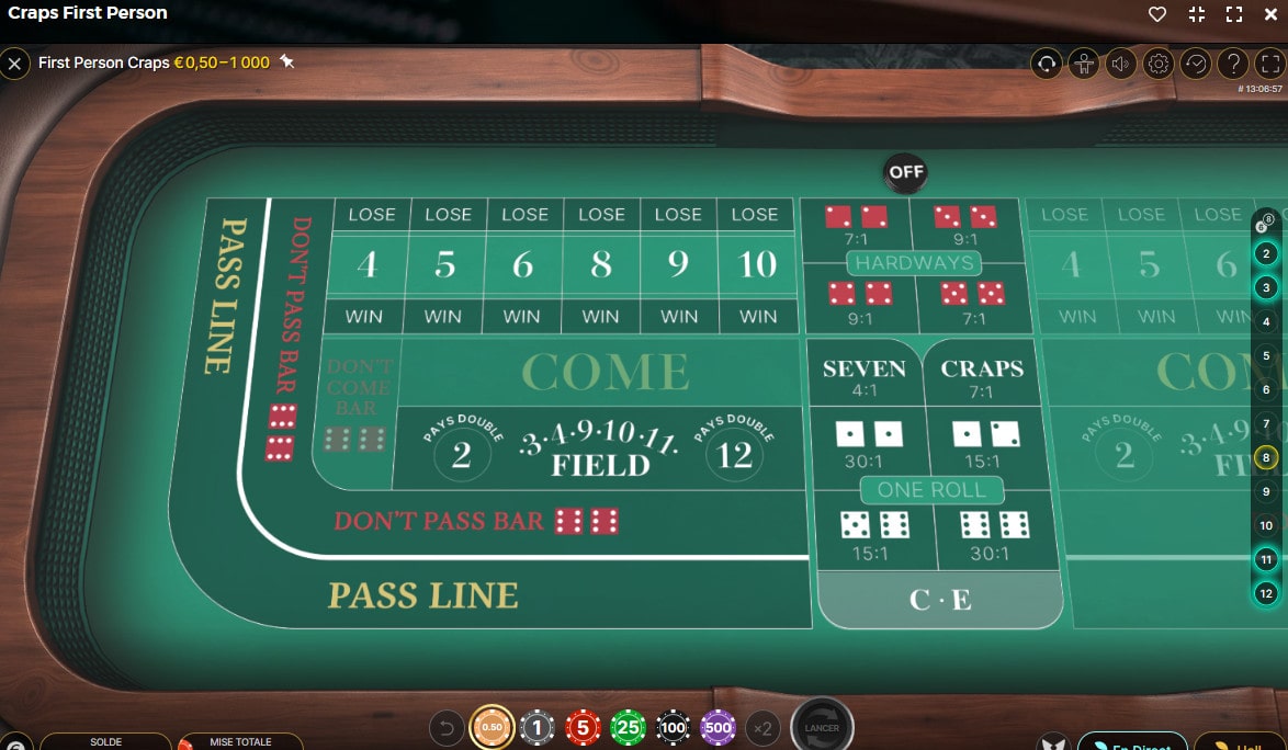 Table de jeu de Craps en ligne d'Evolution