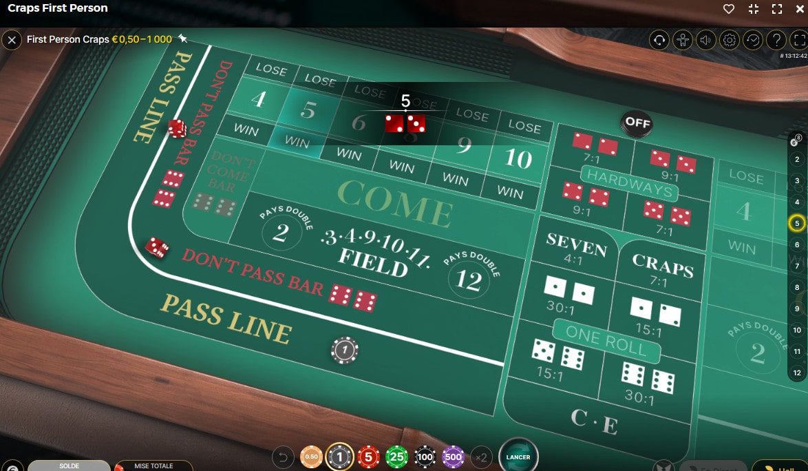 Résultats des dés du jeu en RNG Craps First Person