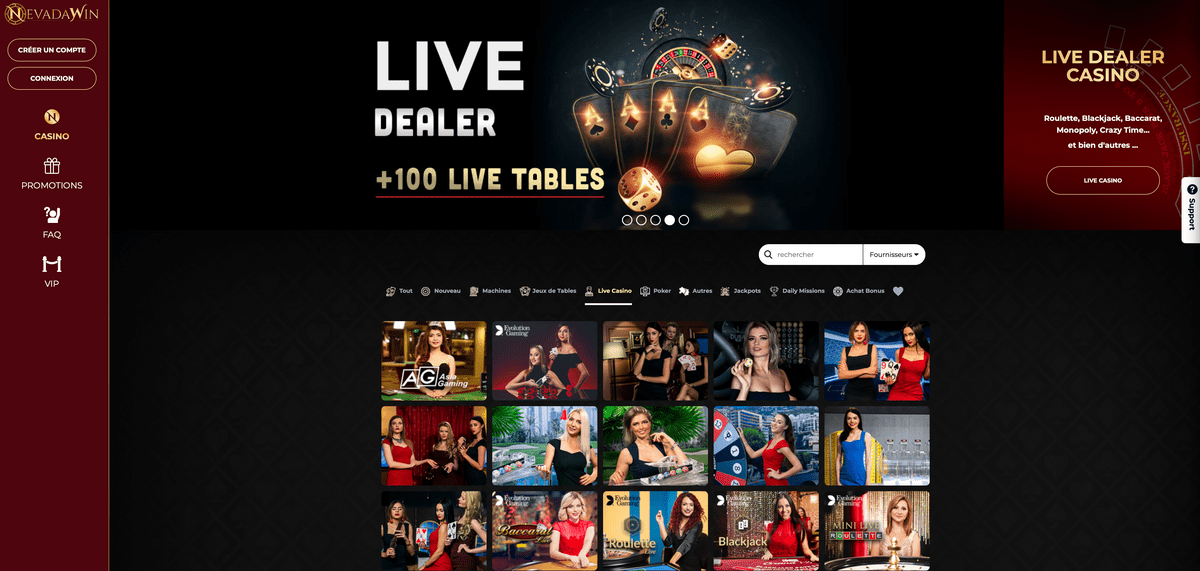 Live casino NevadaWin avec croupiers en direct