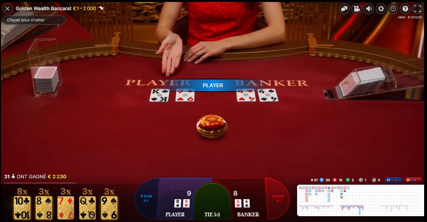 Golden Wealth Baccarat est un jeu de baccarat en live avec multiplicateur de gains