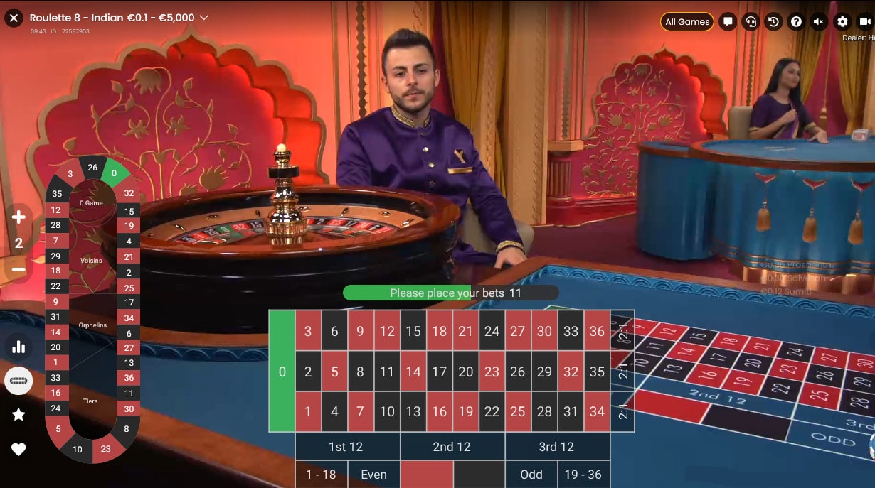 Roulette Indienne avec croupier en live en direct de studio de Pragmatic Play Live