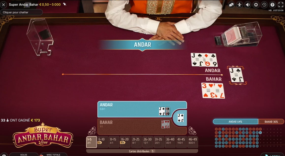 Vue aérienne de la table avec croupier en direct Super Andar Bahar d'Evolution