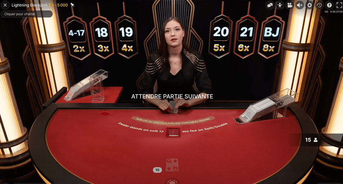 table de Black Jack avec croupiere en live