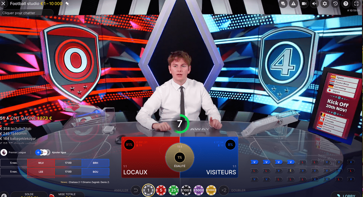 croupier en direct animant le jeu Football Studio