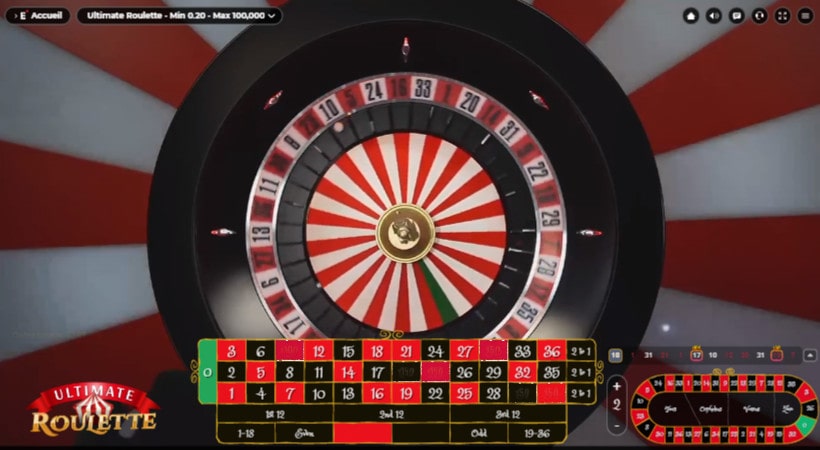 Vue aérienne de la roulette en ligne Ultimate Roulette d'Ezugi