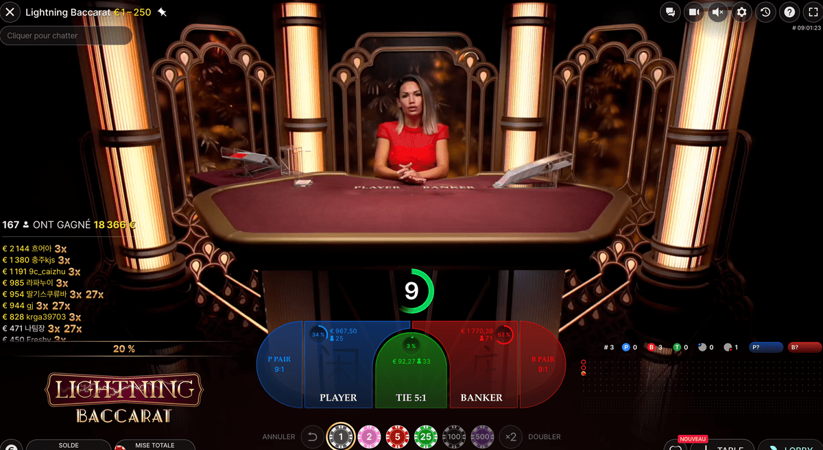 Gains sur la table XXXtreme Lightning Baccarat